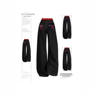 Women's Summer New American Style Sweet Spicy Kitty Embroidered Jeans with a Slimming Straight Wide-Leg Design