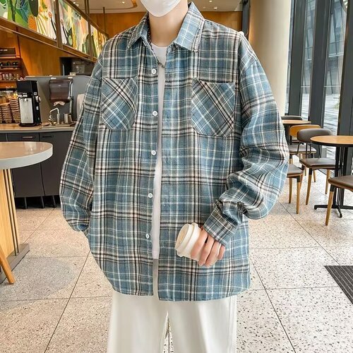 American retro sanded plaid shirt, men's organ pocket, vintage vintage, lazy long-sleeved shirt and coat