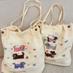 49271かわいいアニメ子犬刺繍秋冬コーデュロイバッグ女子学生大容量シングルバッグ