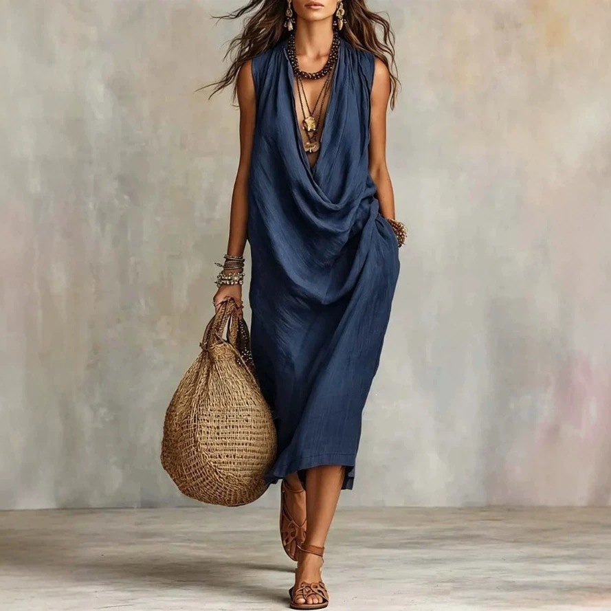 2026 European and American Cross-Border Amazon Women's Casual Sleeveless Loose Swing-Neck Beach Vacation Style Dress