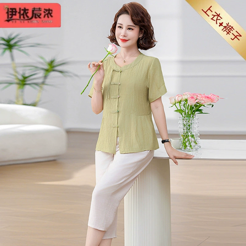 50-летняя мама летняя национальная рубашка в стиле люка из конопли тонкая кардиган футболка из двух частей женская рубашка среднего и пожилого возраста