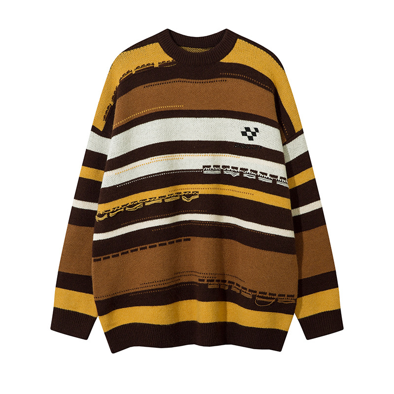 Herrenbekleidung Nationale Mode farbenfrohe Farbabstimmung Streifendesign Sinn lockerer Rundhalspullover Herrenmode brandneuer Pullover im faulen Stil_voghion.com