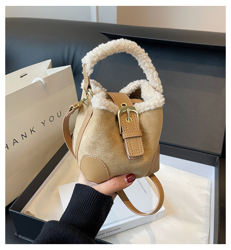 Lambskin mini bucket bag, Maillard suede retro handbag, 2024 new style, single-shoulder crossbody handbag full figure