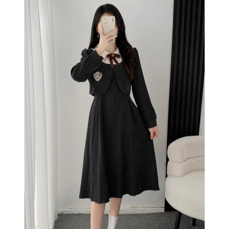 学院風偽二枚のワンピース女性秋の新型フレンチレトロ高級感制服小柄ロングスカート|undefined