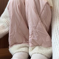 ピンクのポーラーフリース綿パンツ レディース 秋冬2024 カジュアル 暖かい裏起毛パンツ プリーツ入りファー付きワイドパンツ ハイウエスト