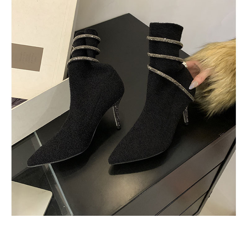 2025 Autumn/Winter New Pointed-toe Rhinestone Short Black High-heeled Elastic Knitted Slim-fit Sock Boots, Designed Exclusively For Women._voghion.com