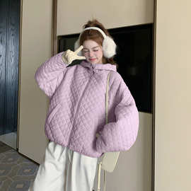 蓝色菱格轻薄羽绒服女短款2025冬季韩系宽松连帽保暖90白鸭绒外套