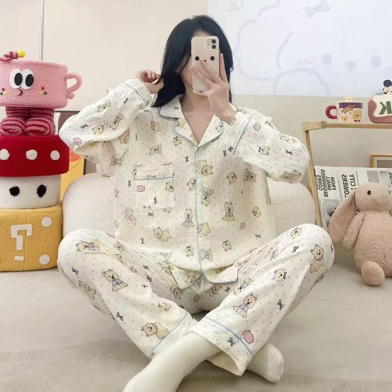 东南亚日韩跨境云朵棉睡衣女秋季印花翻领家居服套装可爱卡通新款|undefined