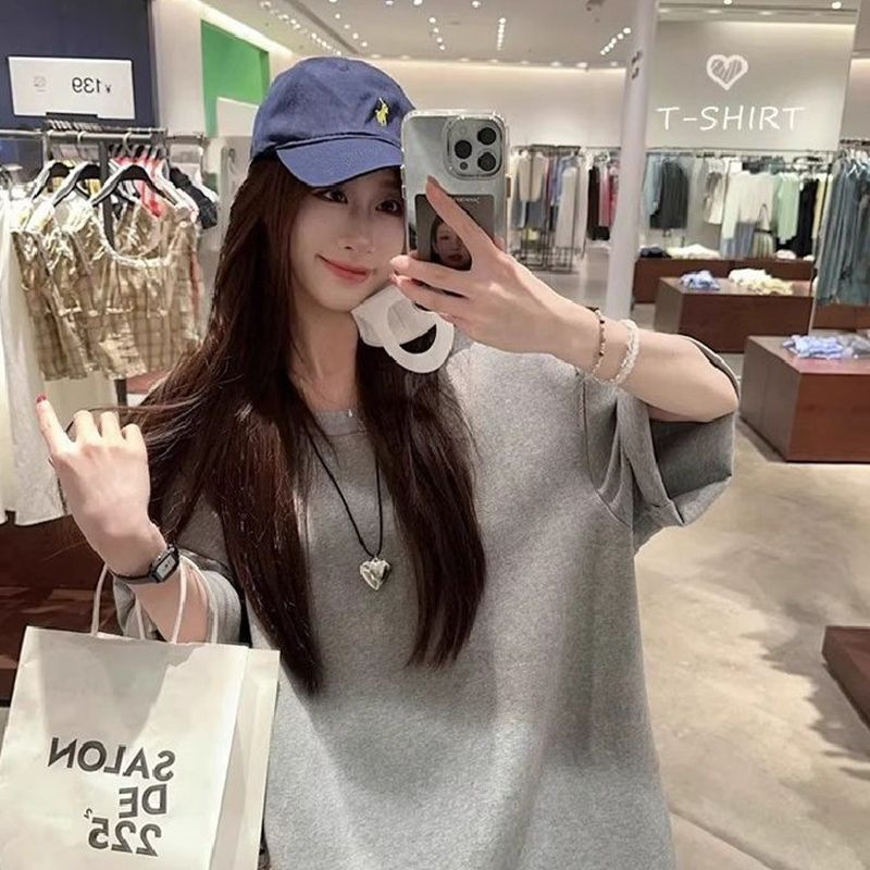 Gray Lace-Up Round Neck Short-Sleeved T-Shirt for Women Summer 2026 New Style Casual Elegant Lazy Style Loose Mid-Length Top