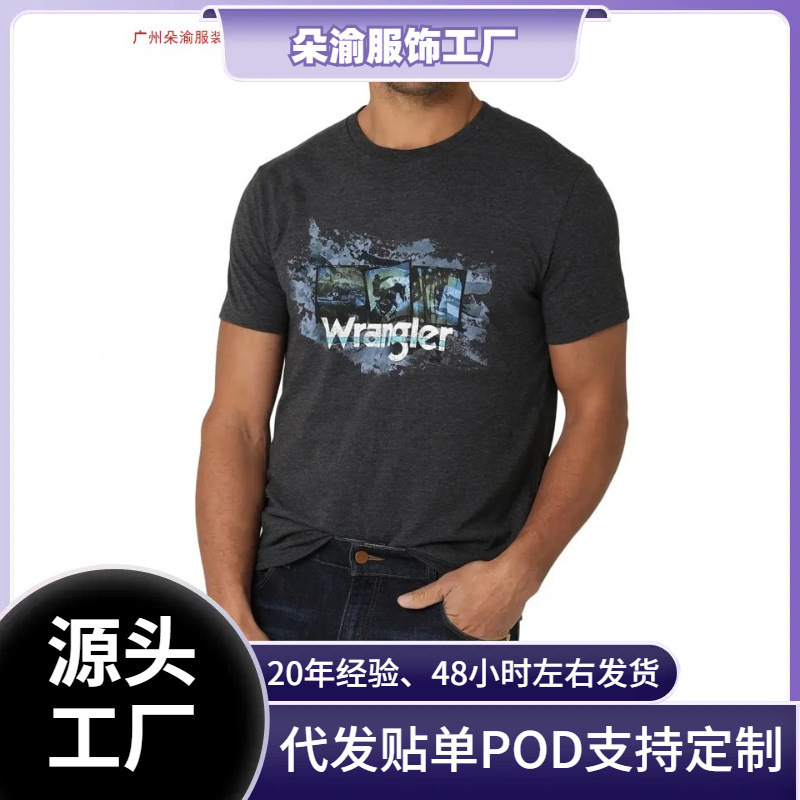 Cross-Border Cotton t Wrangler Men's Western Crew Neck Short-Sleeved T-Shirt Summer Outdoor Sports Round Short-Sleeved T-Shirt