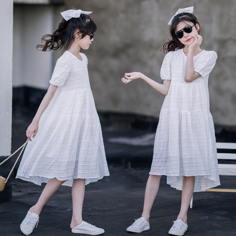2023 ropa de verano para niños vestido blanco de niñas medio y grande para niños suelto delantero corto trasero largo neto rojo princesa vestido nuevo