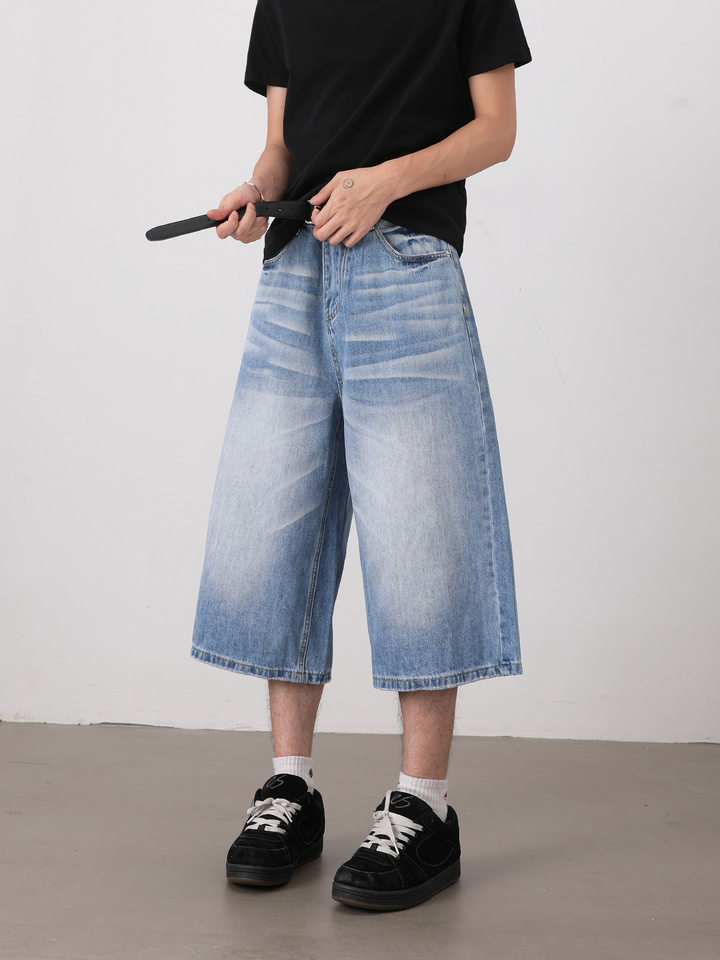 Quần short jeans nam ống rộng dáng lửng phong cách retro giặt mài — Màu xanh dương, Xanh nhạt