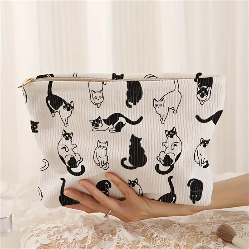 Shein Cross-Border Temu Cartoon Hand-Painted Black Cat Print Corduroy Zipper Storage Bag Lightweight Cosmetic Bag