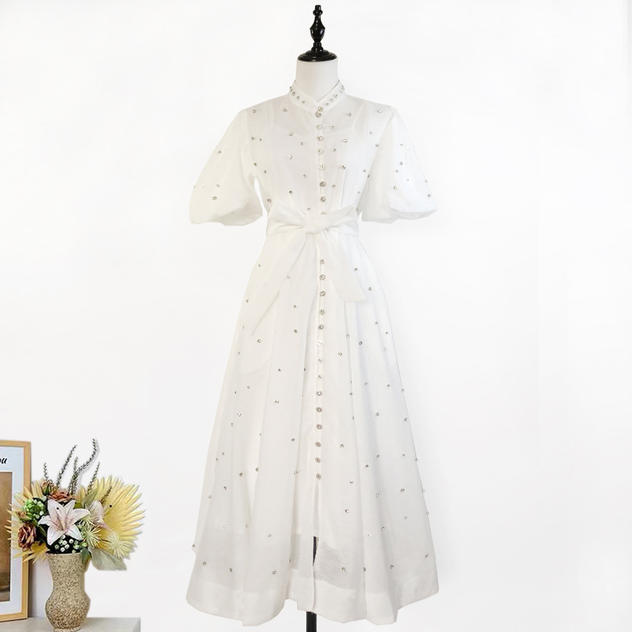 Đầm maxi nữ thắt eo cổ đứng tay lồng đèn đính đá phong cách Pháp — Màu trơn xanh lam, Màu trơn trắng, Hoa xanh da trời, Hoa hồng đậm chi tiết 32