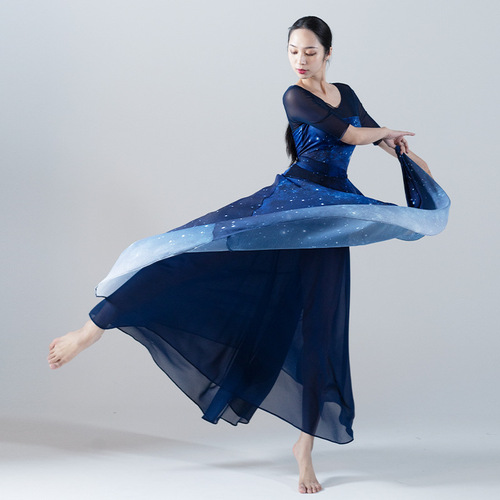  Summer Starry Sky Gradient Chiffon Dance Suit for Women Starry Blue Large Skirt Elegant Modern Dance Suit