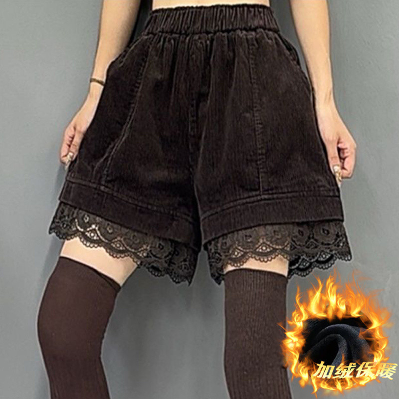 (2개) 블랙 코듀로이 레이스 스티칭 디자인 틈새 캐주얼 반바지 2025 기모 가을과 겨울 넓은 다리 부츠 바지 여성
