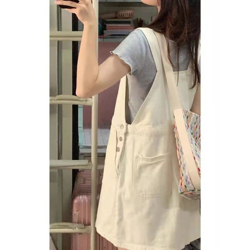 Plus-size plump girl's apricot-colored denim overalls skirt, women's spring and summer short skirt, loose-fitting slimming versatile age-reducing dress