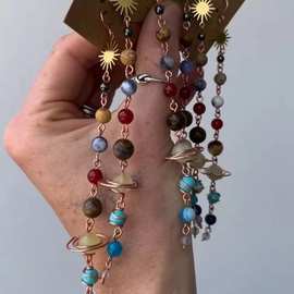 手工天然珠子地球土星宇宙太阳耳环耳饰耳钩