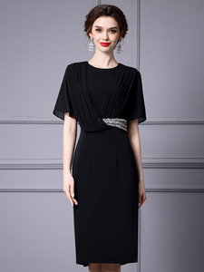 Heavy Industry Nail Diamond High Waist Yarn Sleeve Dress Medium Length