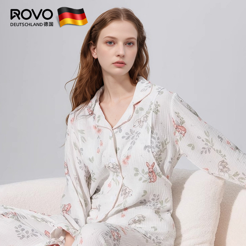 Rovo Postpartum Clothing Spring and Summer Pure Cotton Postpartum Home Wear Autumn Style Maternity Nursing Pajamas Women's Set