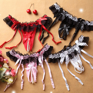 Cute girl bow lace sexy Garter open crotch thong sexy underwear suit 8804