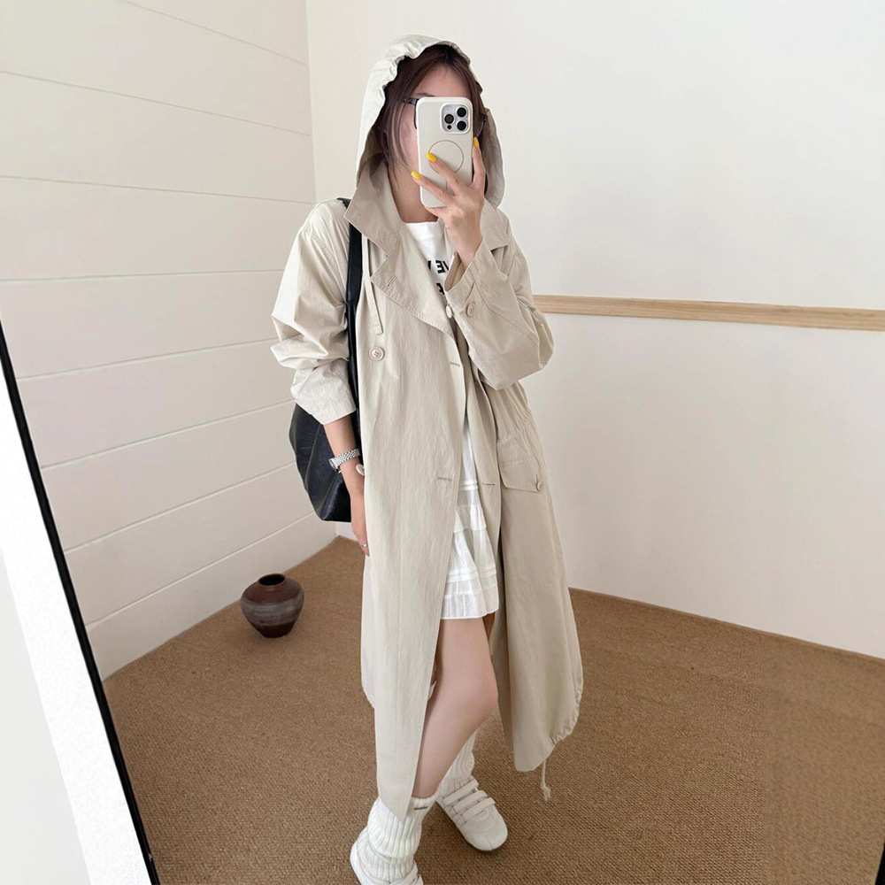 Le*Aire Long Hooded Trench Coat for Women, Early Autumn New Style, Loose Fit, Slimming, Drawstring, Double-Breasted, Thin Coat