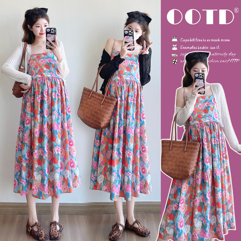Maternity Wear 2025 Summer New Style French Retro Floral Elegant Beach Suspender Skirt Cardigan Two-Piece Dress