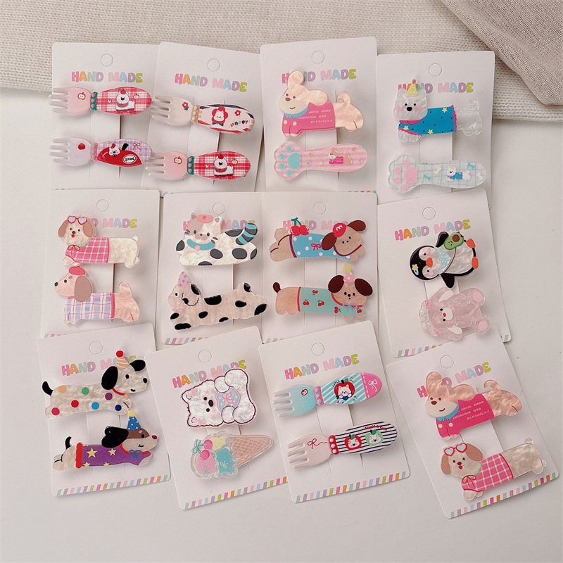 2 Pack Cute Kitten Puppy Hairpin suit Sweet Girl Fork Spoon Bangs All-match Cartoon Headwear