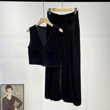 法式女装2025春夏新款时尚套装V领镂空马甲针织开衫女+长裙两件套