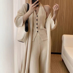 三件套2025年冬款季新款针织套装女长袖开衫+背心马甲+长裤奢缇家