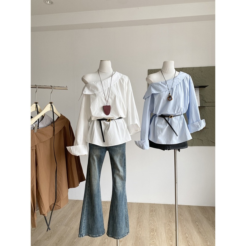 【Autumn New Arrival】尽情美丽尽情装扮自己#斜肩纯色收腰衬衫|undefined