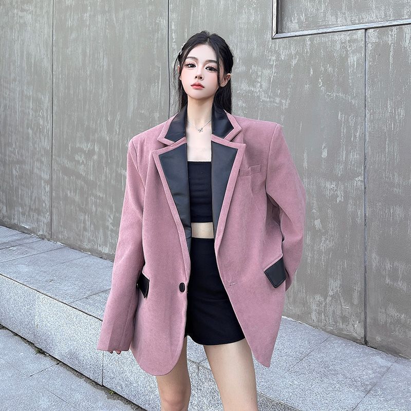 皮料拼接设计感西装外套女秋冬新款复古感磨毛加厚垫肩小个子西服|undefined