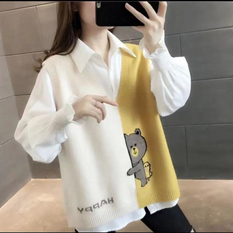 Yms146 2024 Autumn New V-neck Knitted Vest Pullover Loose HAPPY Hug Bear Contrast Vest for Women