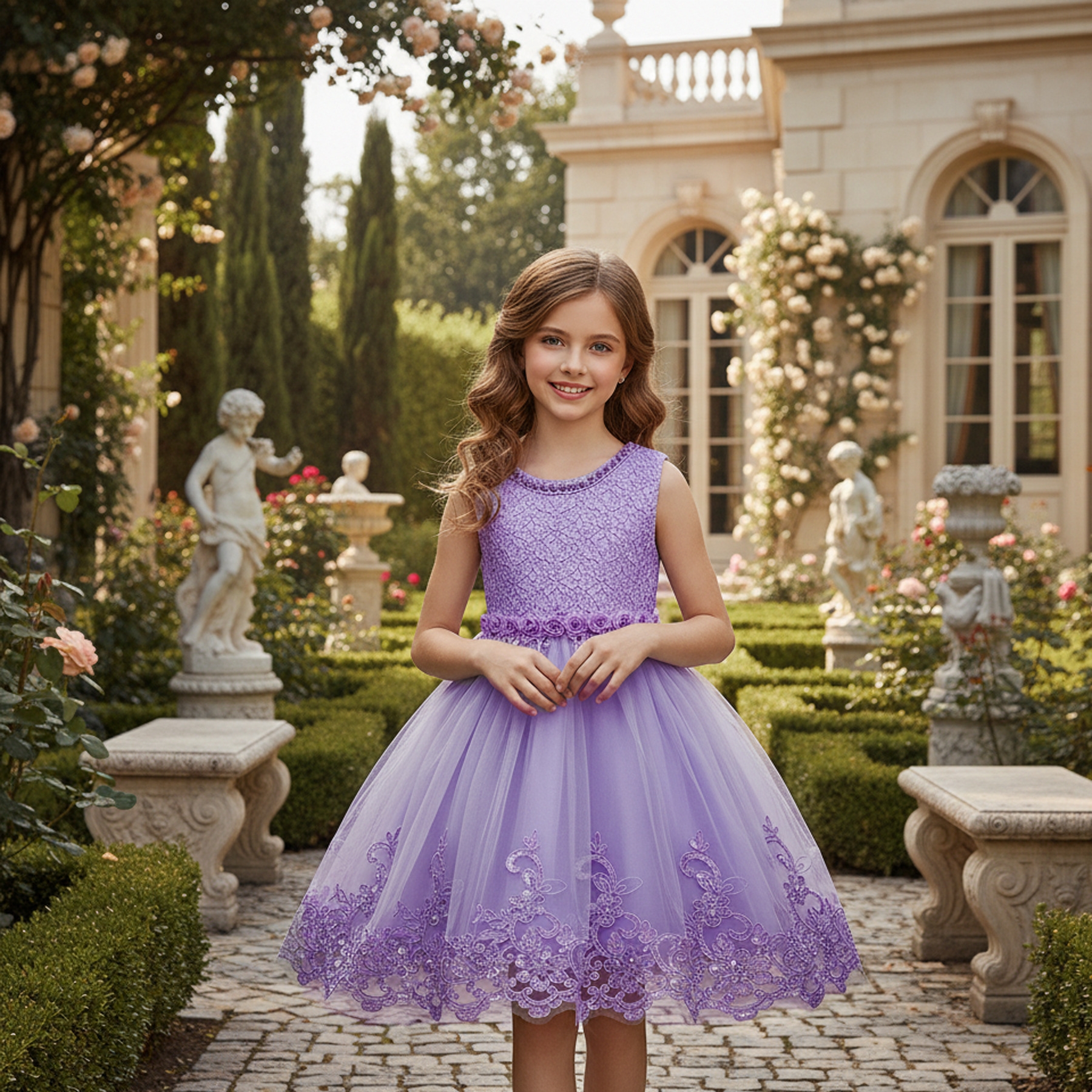 外贸爆款儿童礼服裙公主蓬蓬裙婚礼花童连衣裙 蕾丝钉珠网纱裙