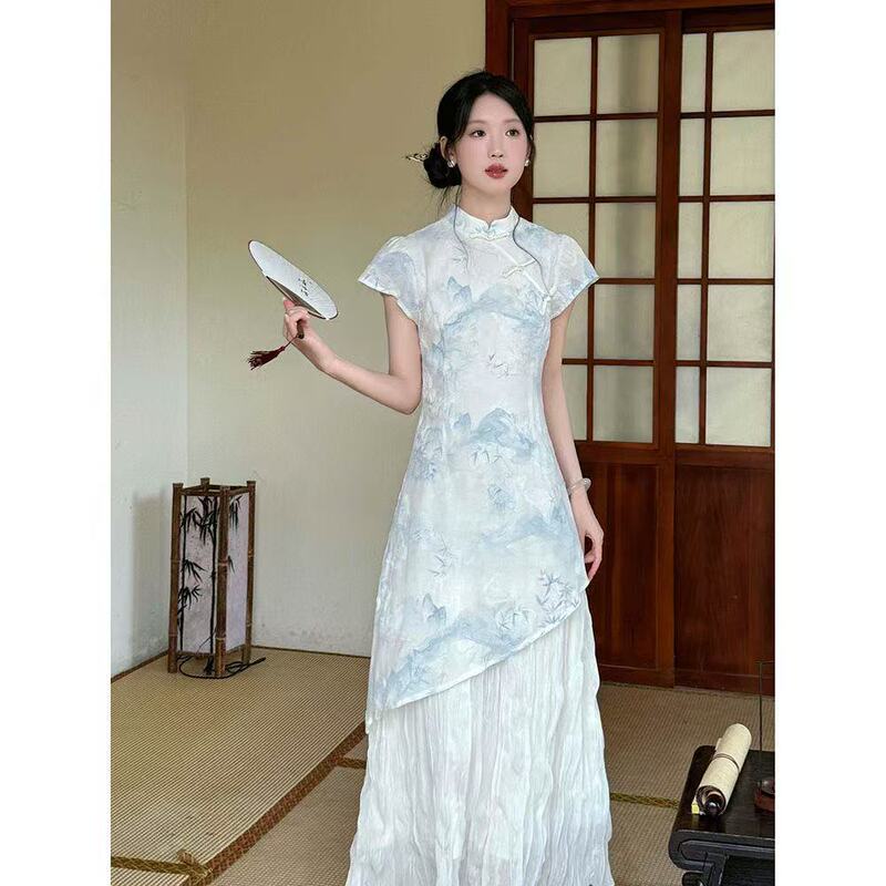 Chinese-Style National Style Printed Cheongsam Two-Piece Improved Dress for Young Girls, Beautiful and Unique Long Dress from Southeast Asia