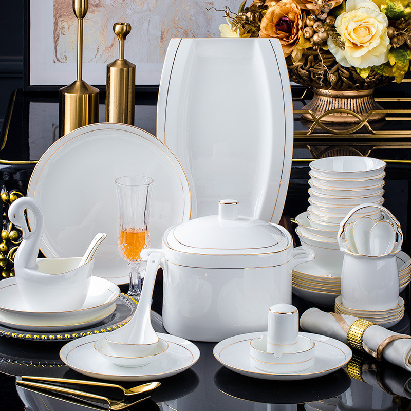 Jingdezhen Ceramic Tableware and Dishes Set Household Bowl Accessible Luxury Gold Inlaid Jade White Bone China Tableware Set Complete Set
