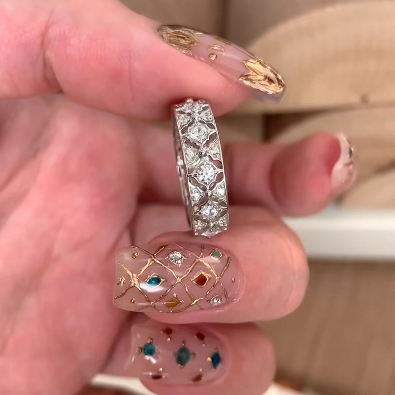 蕾丝菱格轻奢闪钻锆石戒指女开口调节小众高级感时尚百搭新品手饰