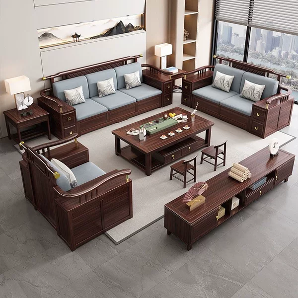 New Chinese-Style Ebony Wood Solid Wood Sofa and Coffee Table Set, Dual-Use for Winter and Summer, Light Luxury Villa Large-Sized Chaise Lounge Sofa