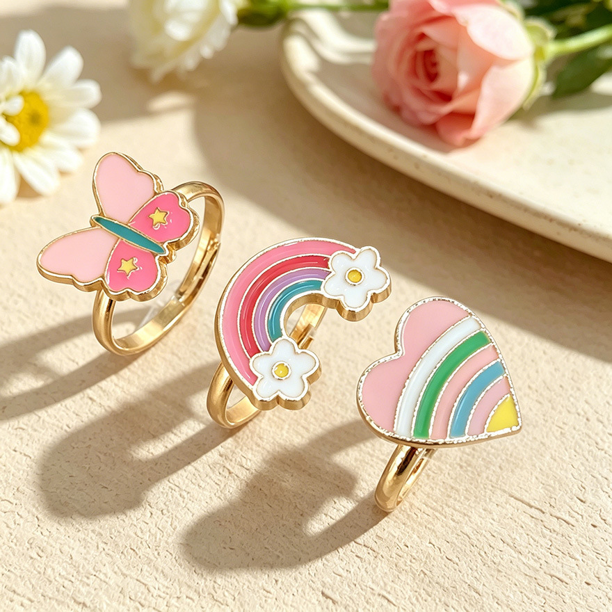 3Pcs Kidsren's Zinc Alloy Ring Set Butterfly Shape Heart Shape Rainbow Shape