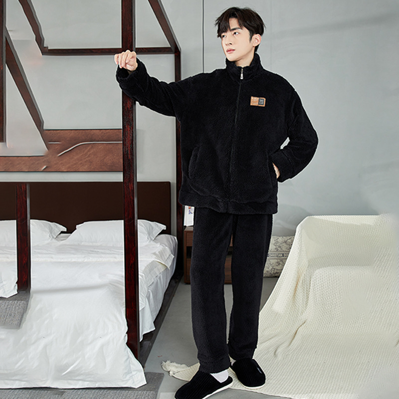 가을 겨울 남성용 잠옷 플러스 벨벳 두꺼운 플란넬 산호 벨벳 홈웨어 가디건 따뜻하고 착용 가능한 남성 정장
