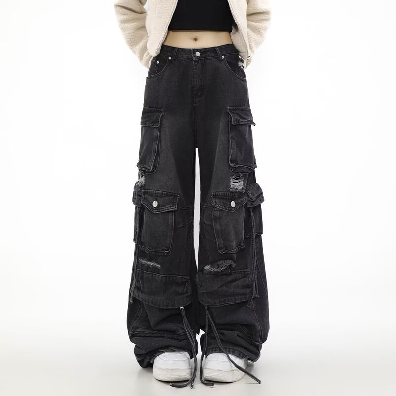 Black Multi-Pocket Ripped Denim Cargo Pants for Women 2025 American Heavy-Duty Design Loose Straight Wide-Leg Pants Black Multi-Pocket Ripped Denim Cargo Pants for Women 2025 American Heavy-Duty Design Loose Straight Wide-Leg Pants