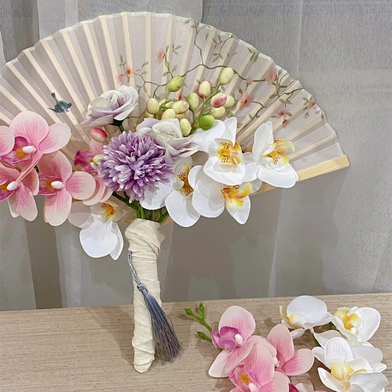 新中式新娘拍照道具蝴蝶兰折扇手捧花结婚古风婚礼迎亲晨袍扇子|undefined