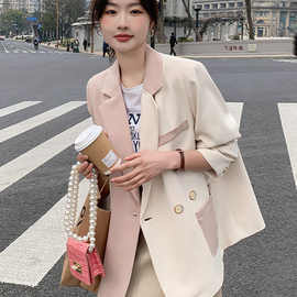 小众设计小西装短外套女2025春秋新款高级感粉色拼接炸街休闲西服