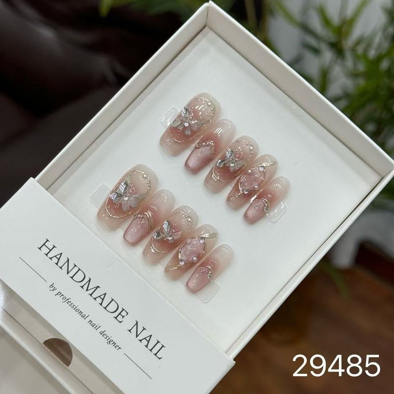 【純手作りのつけ爪29-32】ロングフレンチキャットアイパッチ付け爪、取り外し可能なネイルアートコレクション|undefined