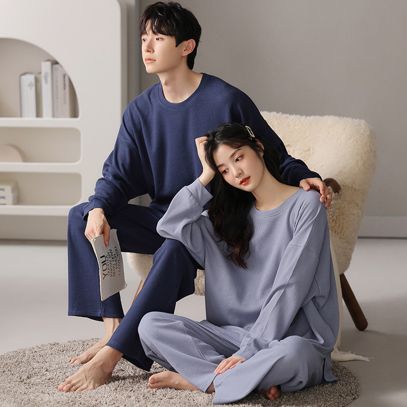 Waffle pijamas de manga larga de algodón de las mujeres nueva primavera y el otoño más el tamaño simple prendas de vestir exteriores pareja desgaste del hogar traje de los hombres