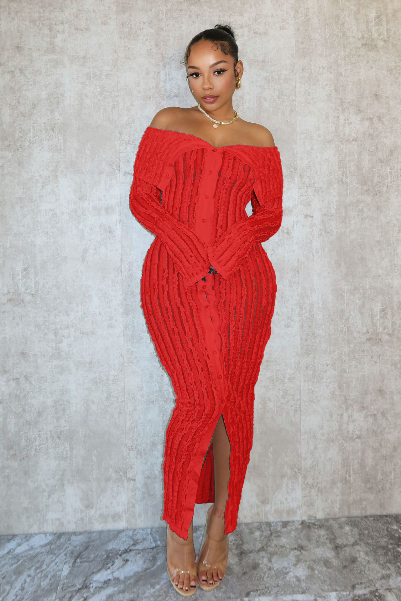 Elegant One Shoulder Women's Dress With Wave Pattern Long Sleeves_voghion.com