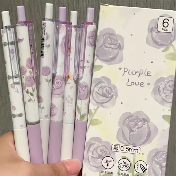 Six Boxed Collection ST Dream Butterfly Purple Rose High Color Value Quick-drying Press Gel Pen Student Brush Pen