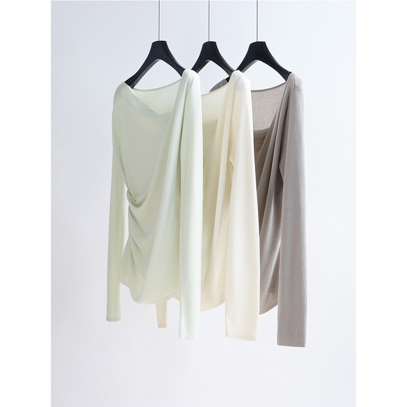 14-Needle Lyocell Fashionable Pleated Thin Knitwear Early Spring Pullover Long-Sleeved Tencel Top Women's Retro New Product 14-Needle Lyocell Fashionable Pleated Thin Knitwear Early Spring Pullover Long-Sleeved Tencel Top Women's Retro New Product