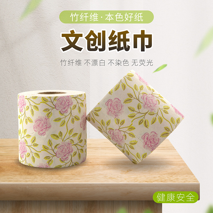 Factory direct supply printing bamboo pulp gift paper towel rose printing roll paper advertising color printing sanitary roll paper