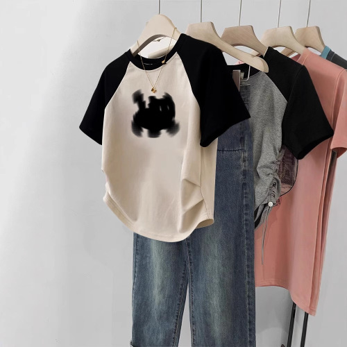 Unstructured Shoulder-Sleeve Short-Sleeve T-shirt for Women 2025 Early Spring Square Shoulder Summer Short Length Waist-Cutting Design Frock